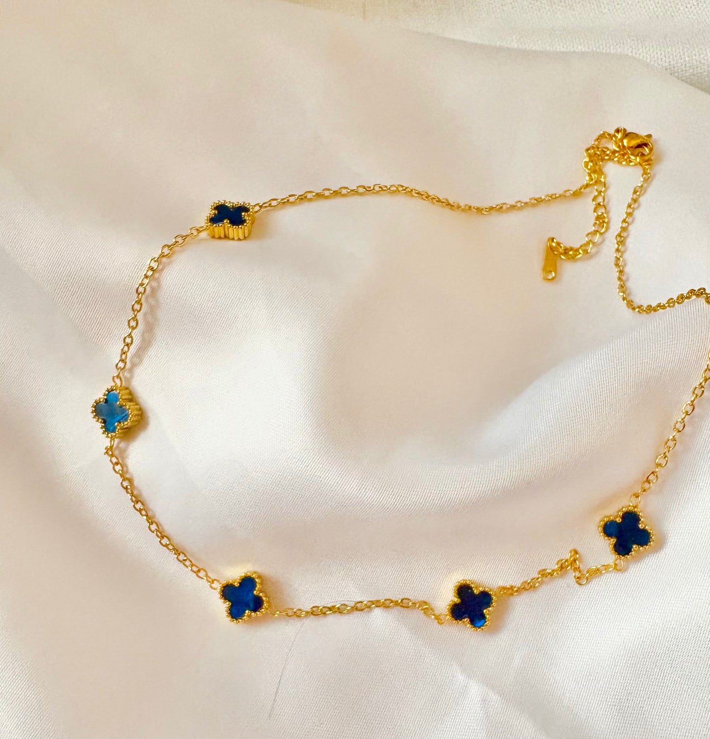 Navy blue clover station necklace in 18K gold plated stainless steel