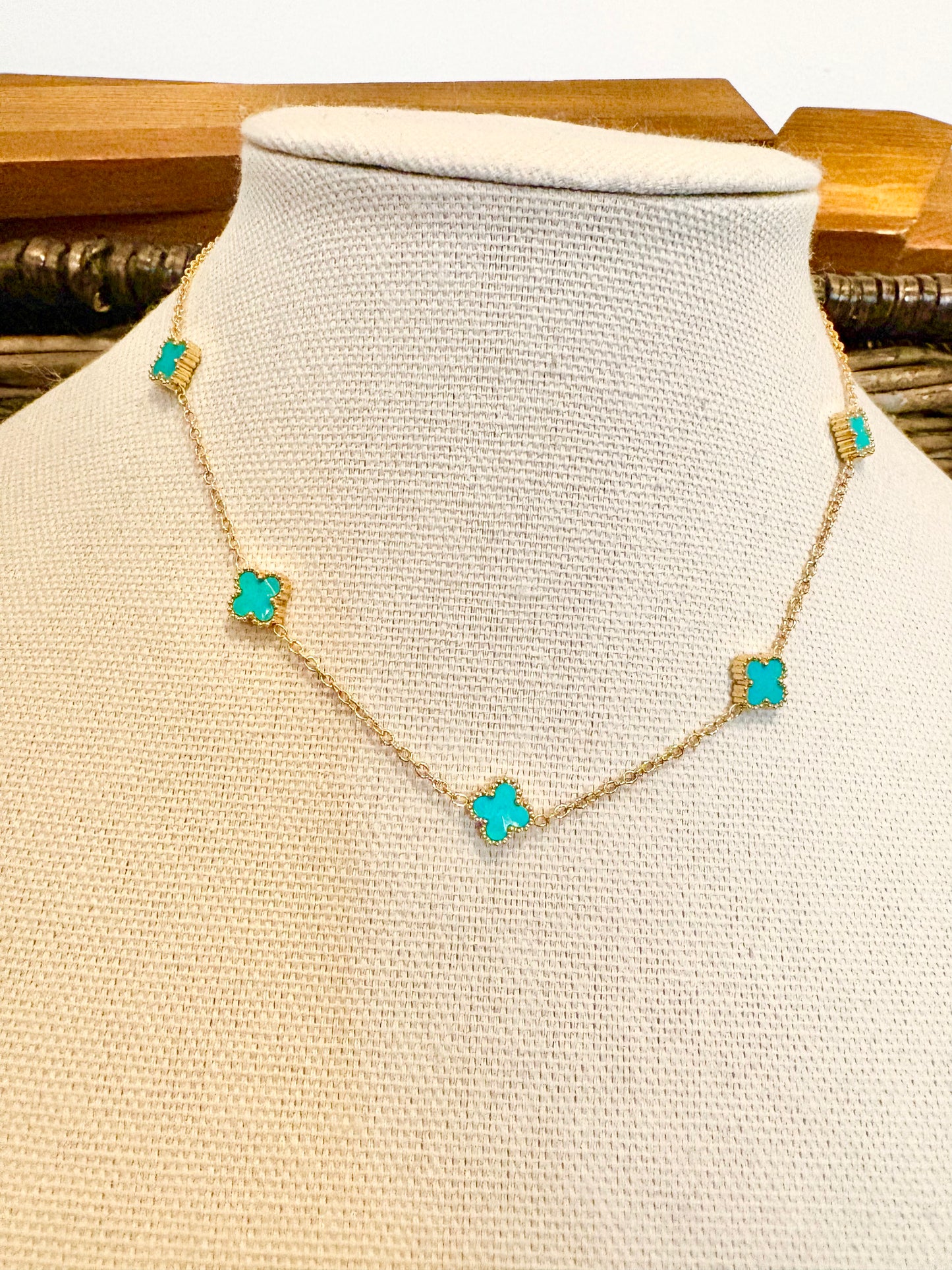 Turquoise clover station necklace in 18K gold plated stainless steel