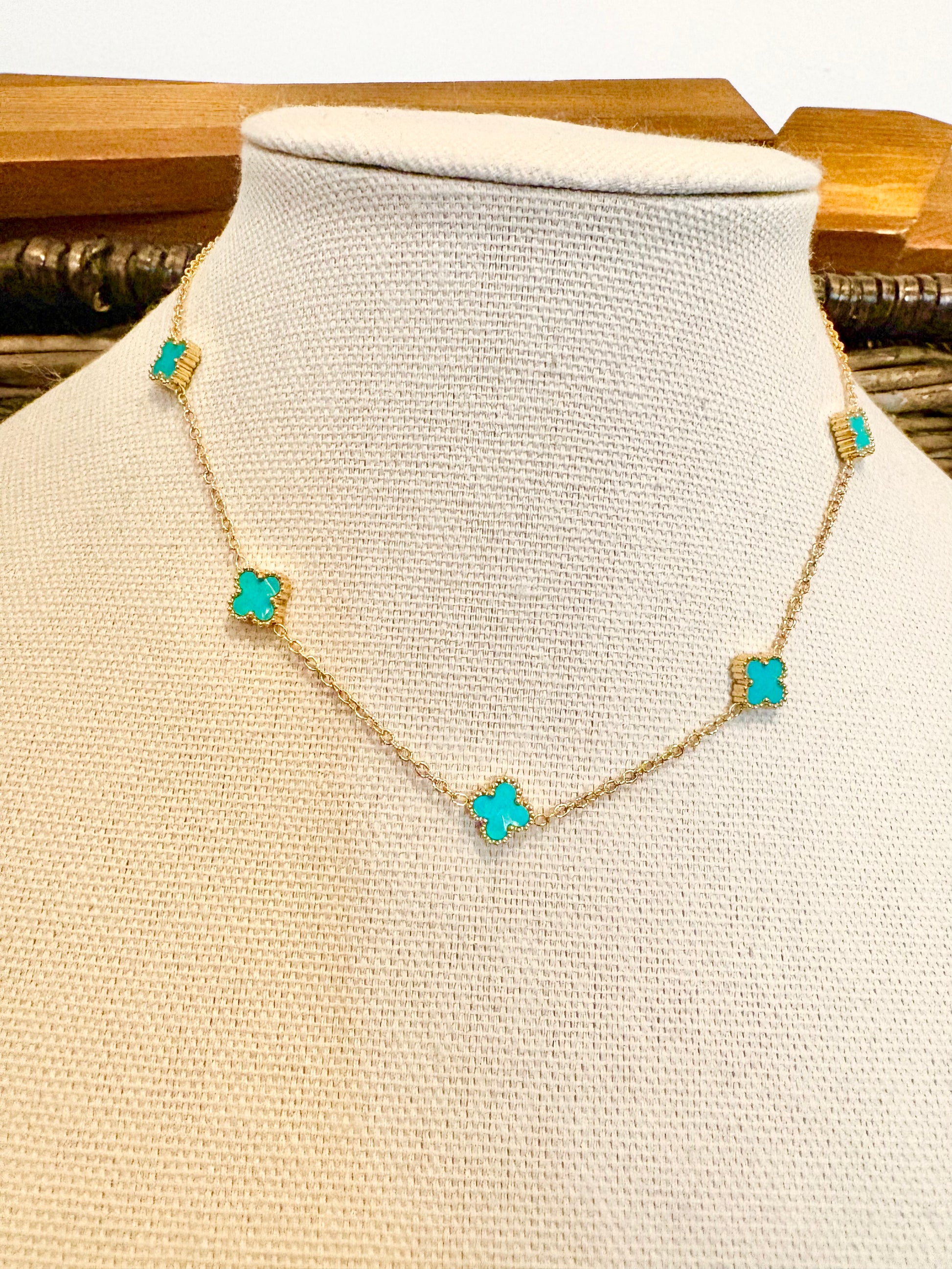 Turquoise clover station necklace in 18K gold plated stainless steel