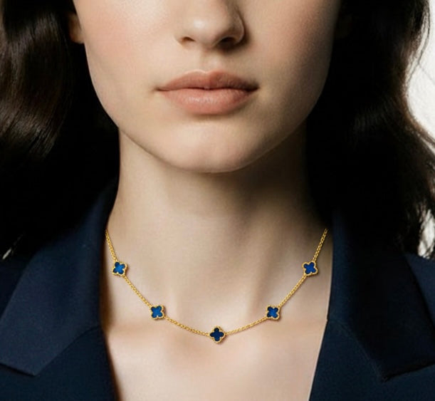 Navy blue clover station necklace in 18K gold plated stainless steel