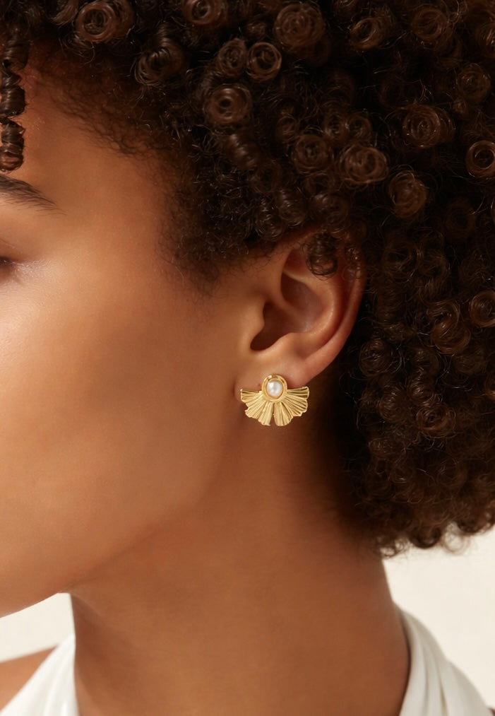 Textured gold shell earrings with pearl detail