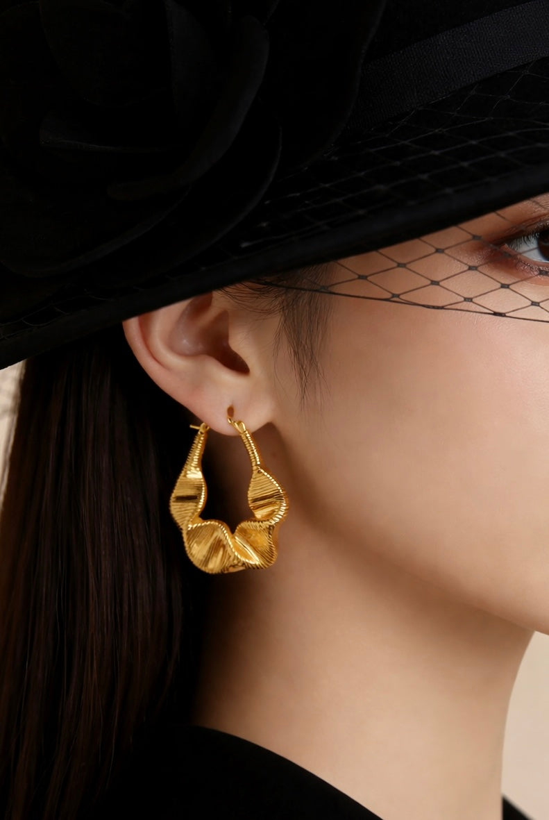 Gold Textured Wave Hoop Earrings
