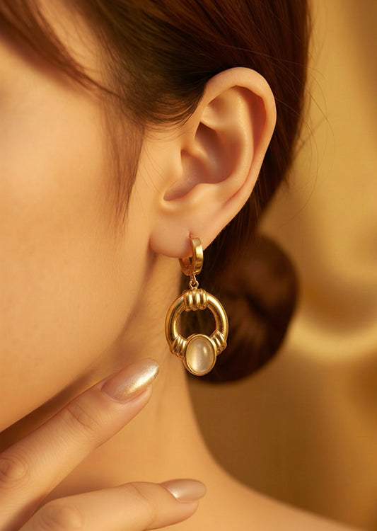 Oval Stone Drop Hoop Earrings – Gold Plated Statement Dangle