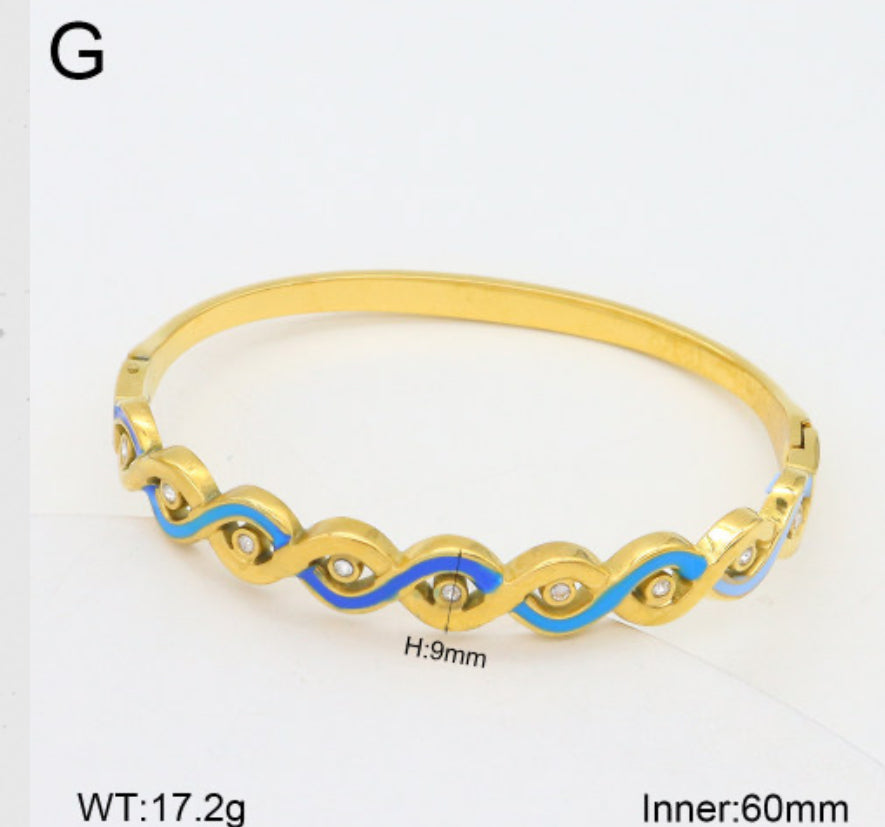 Gold Blue Evil Eye Bangle Bracelet – 18K Gold Plated