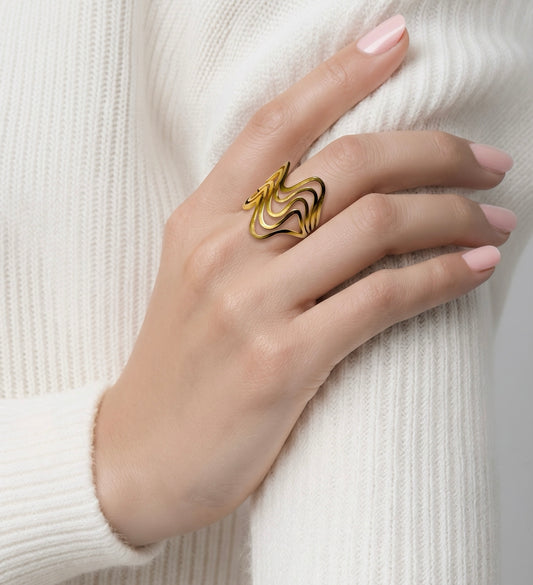 Hand wearing a gold ring with a white background