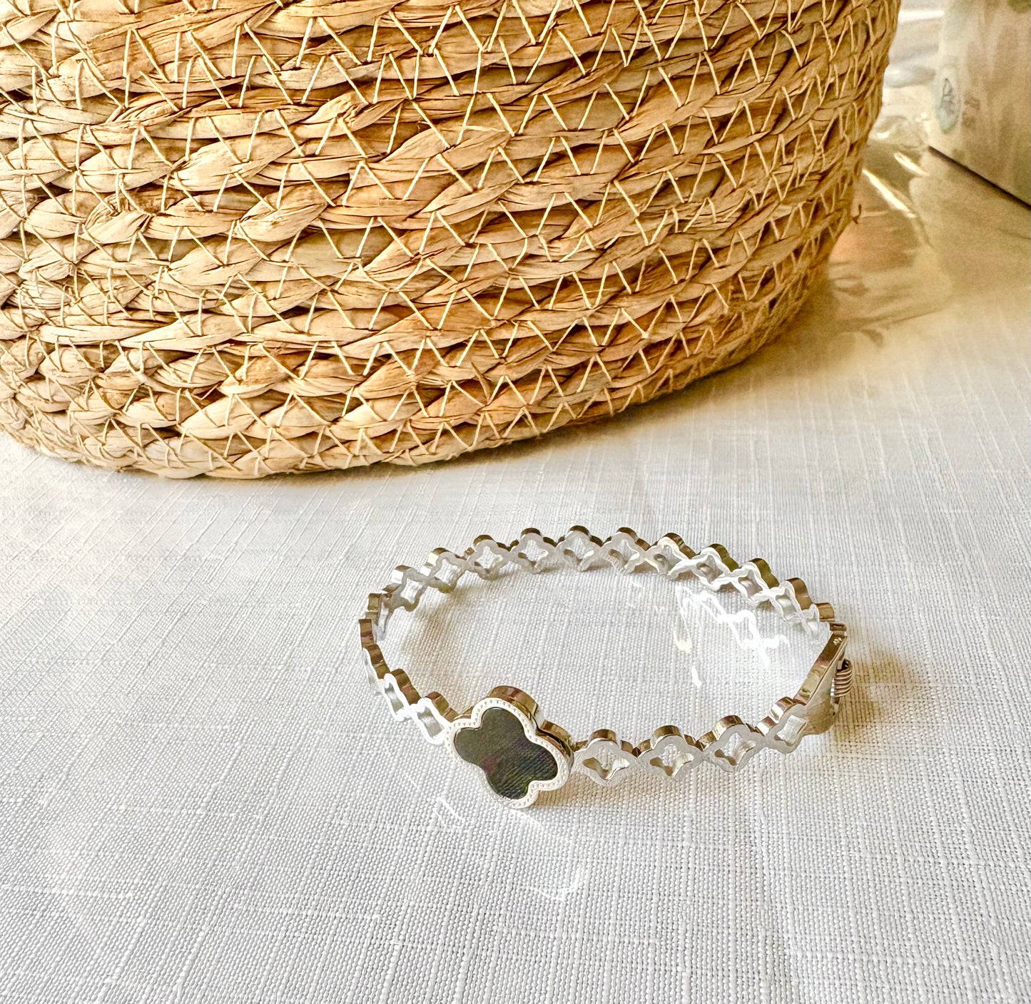 Silver Clover Cutout Bangle with Black Enamel Charm – 18K White Gold Plated