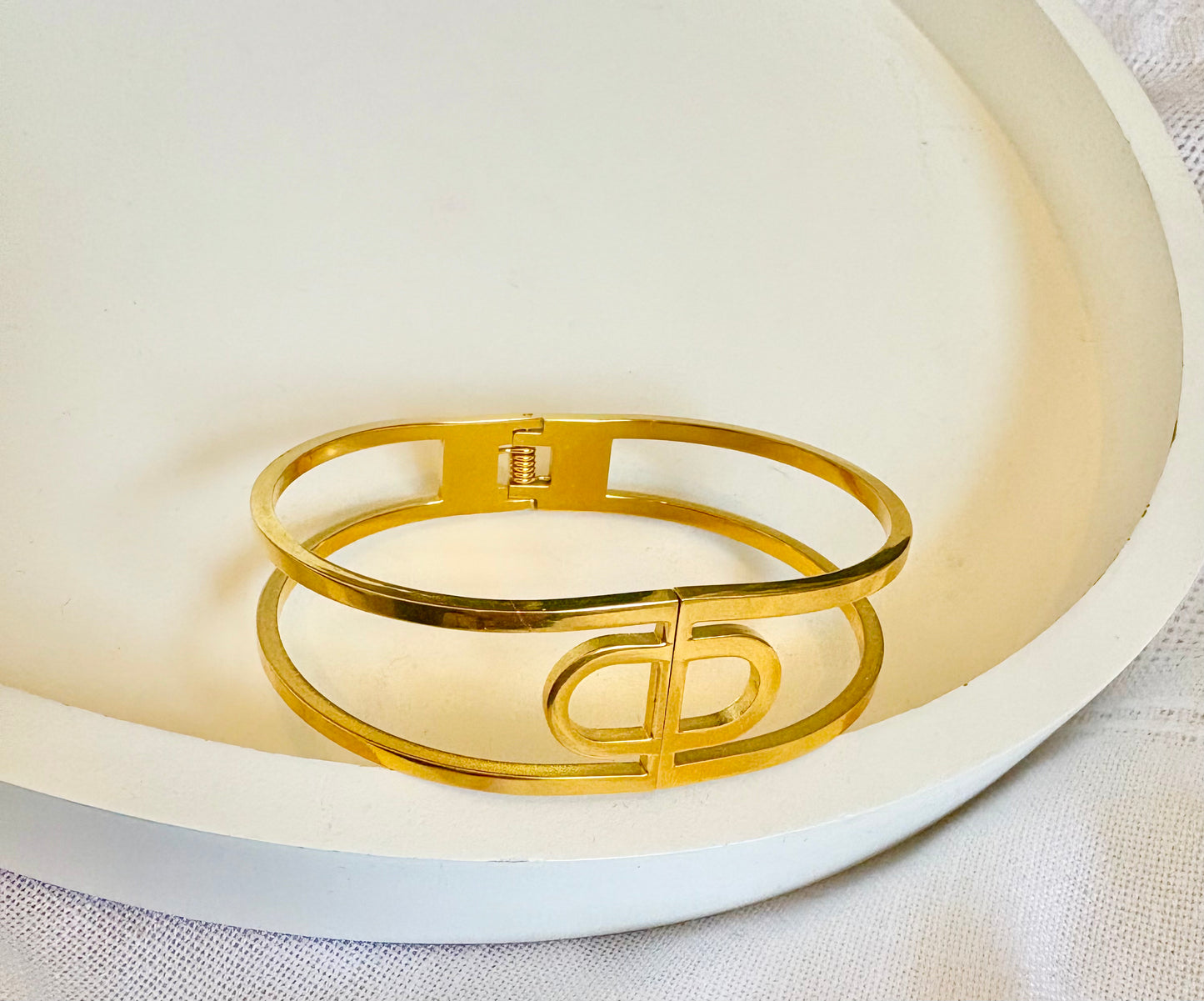 Gold Double Band D-Charm Bangle Bracelet – 18K Gold Plated