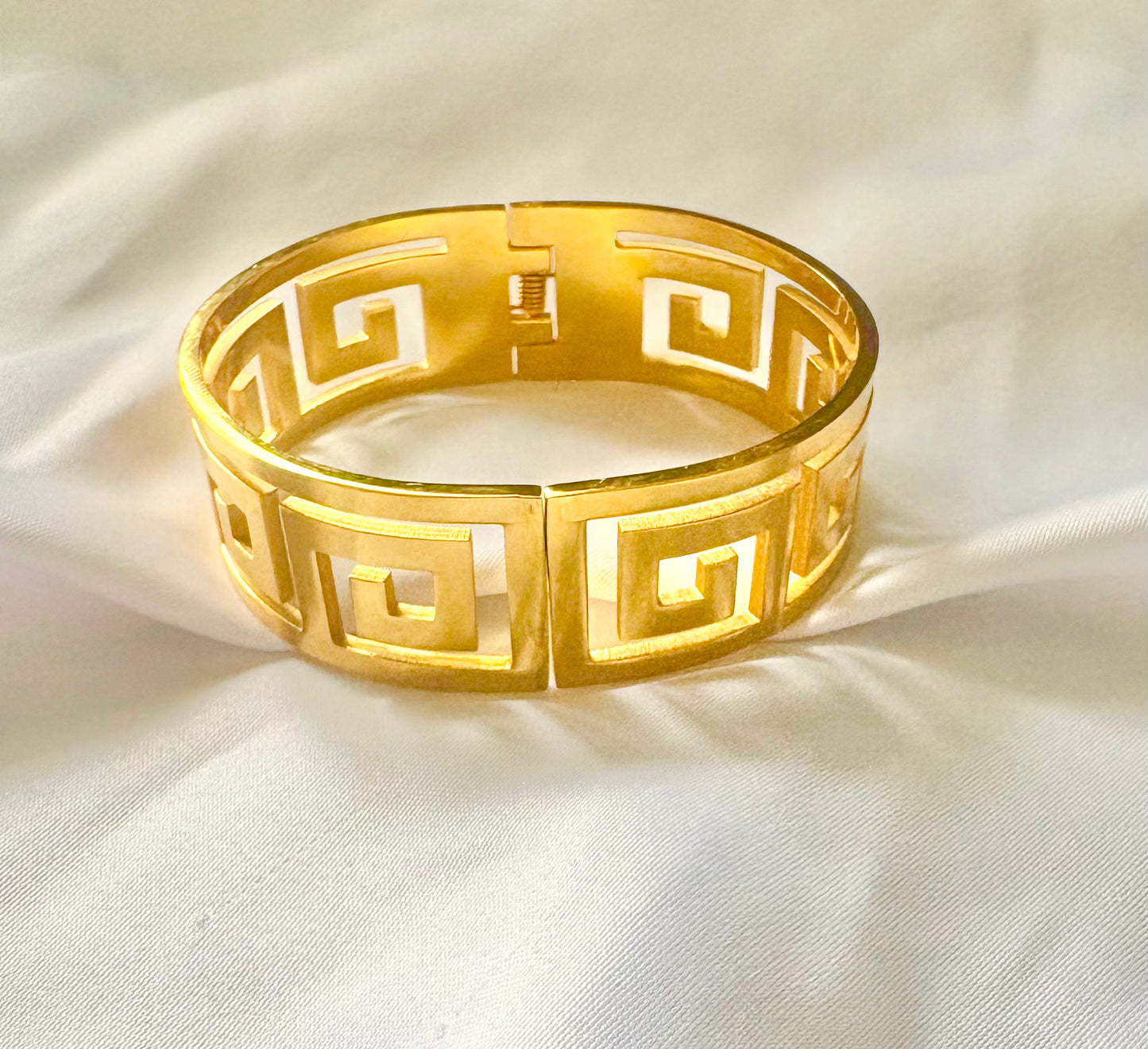 Gold Greek Key Wide Cuff Bangle Bracelet – 18K Gold Plated
