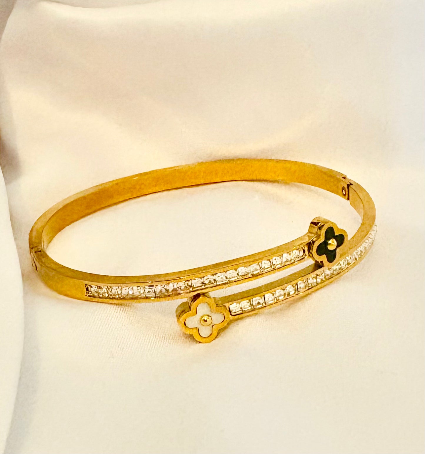 Gold Double Clover & Crystal Bangle Bracelet – 18K Gold Plated
