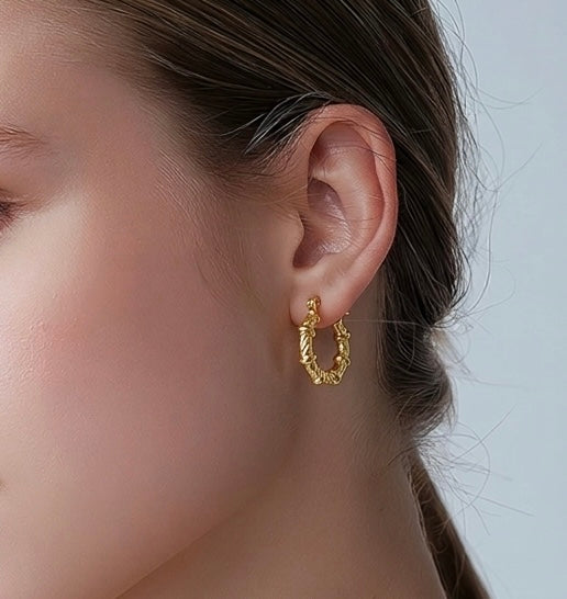 Close-up of a person wearing a gold hoop earring against a neutral background