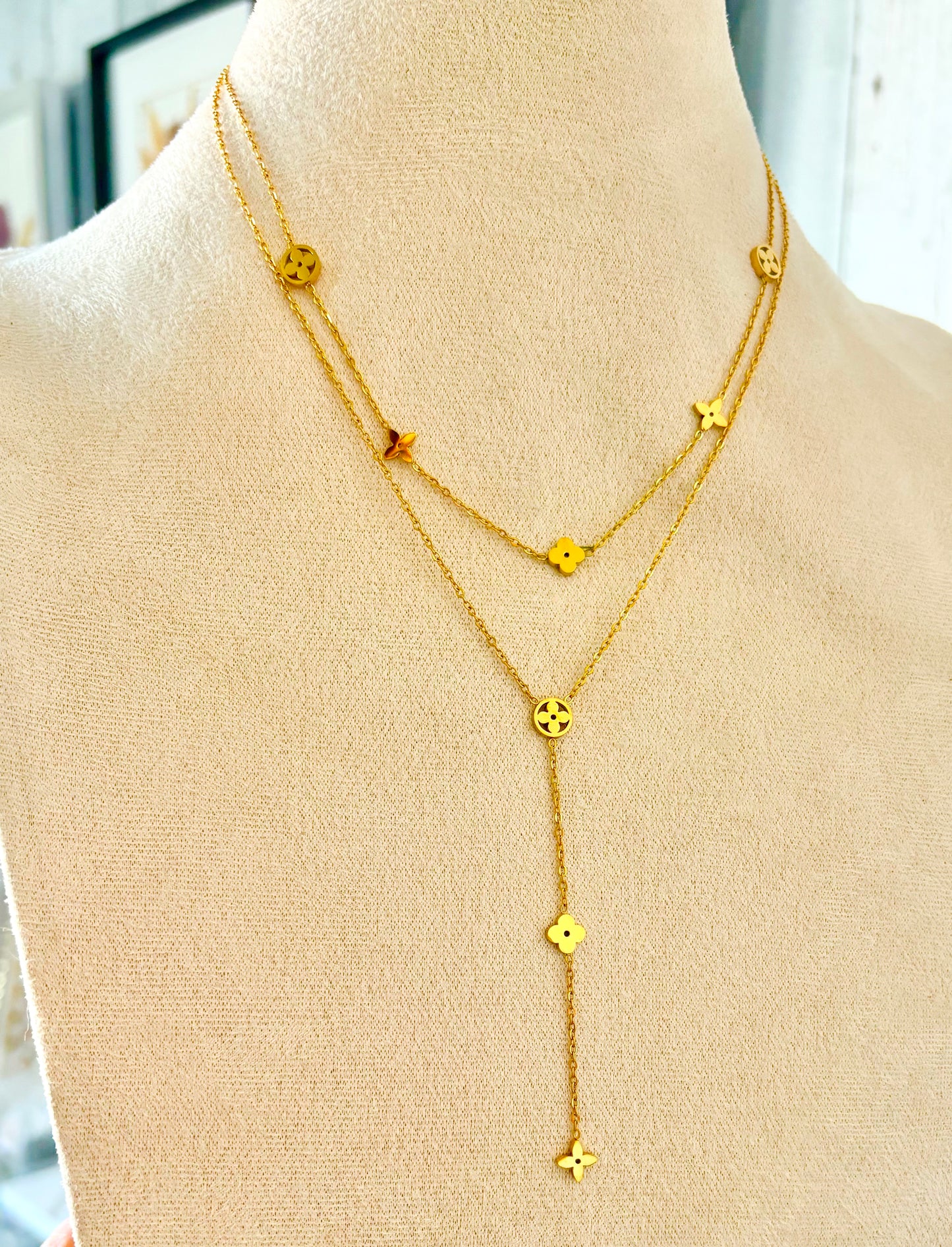 Gold Clover Double Layer Lariat Necklace – 18K Gold Plated Yahala Boutique