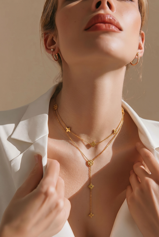18K gold plated double layer clover lariat necklace 40cm and 45cm plus 5cm extension lobster clasp
