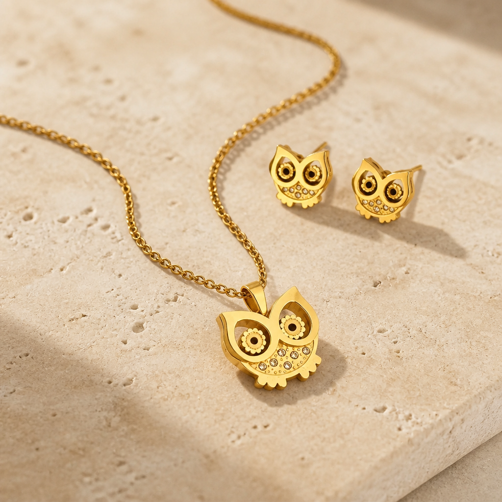 Gold owl pendant necklace and matching stud earrings