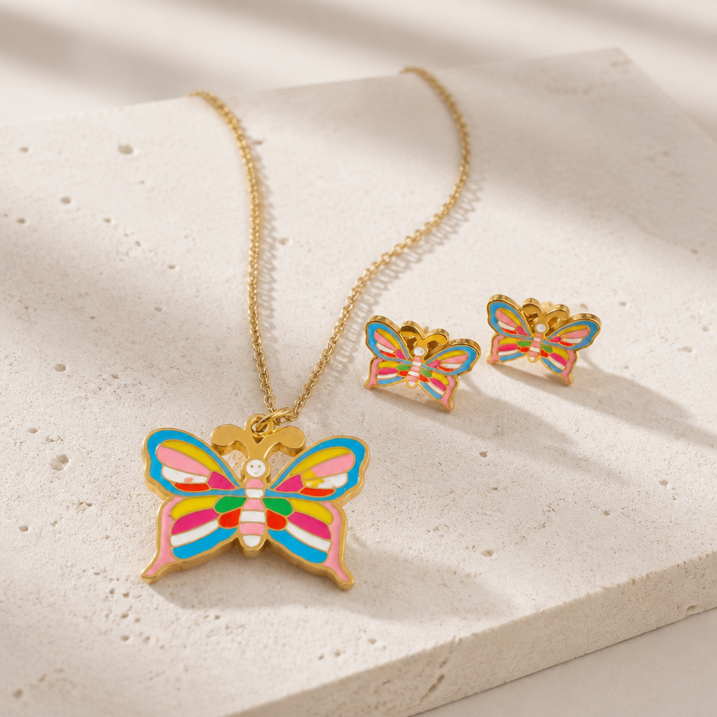 Rainbow Butterfly Necklace & Earrings Set – 18K Gold Plated Yahala Boutique
