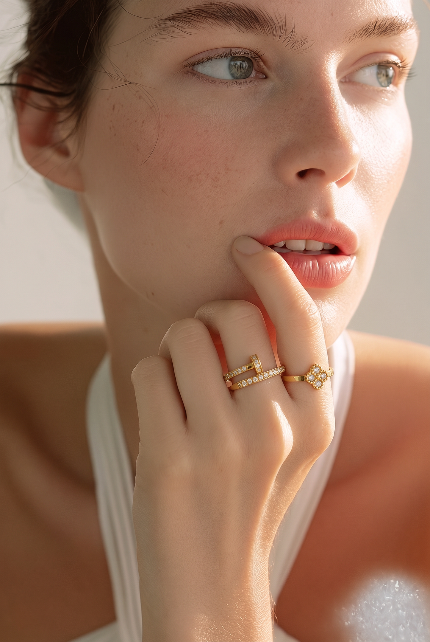 A close-up lifestyle shot of a woman wearing gold rings