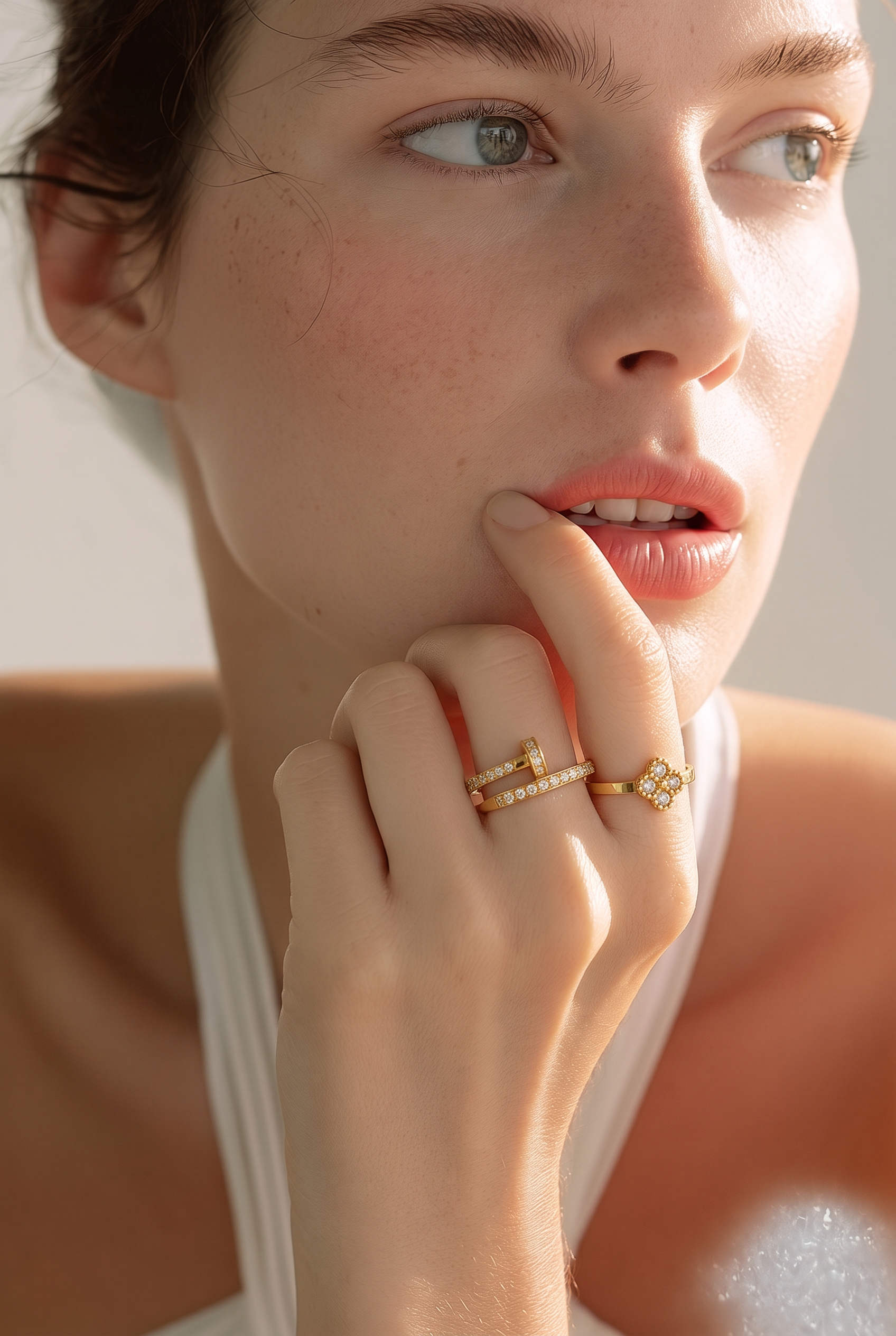 A close-up lifestyle shot of a woman wearing gold rings