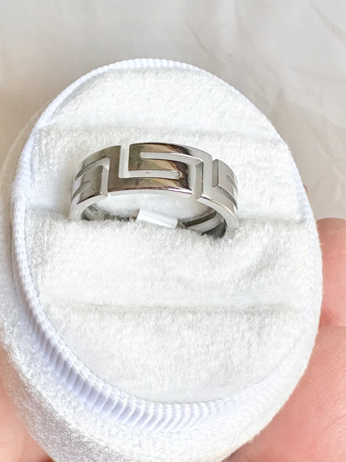 A silver stainless steel band ring displayed in a white circular ring box
