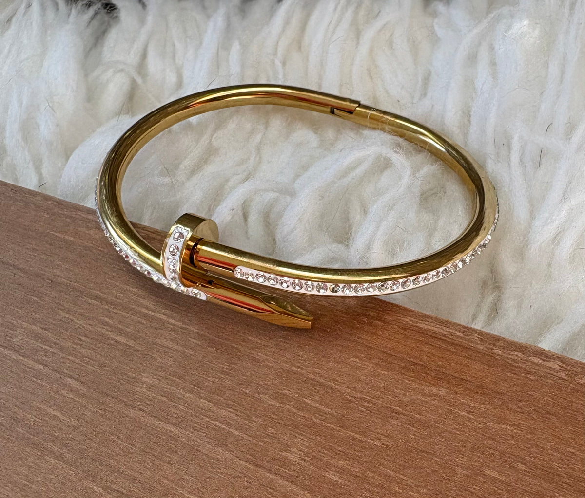 18K gold-plated nail bangle bracelet with clear zircon pavé stones 