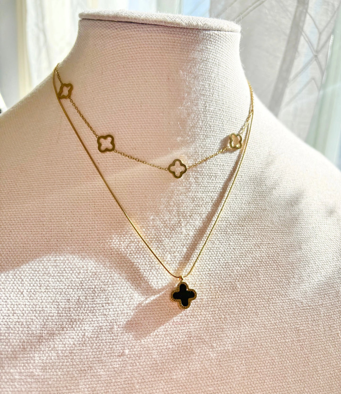 18K Gold Plated Double Layer Clover Necklace | Reversible Onyx Pendant