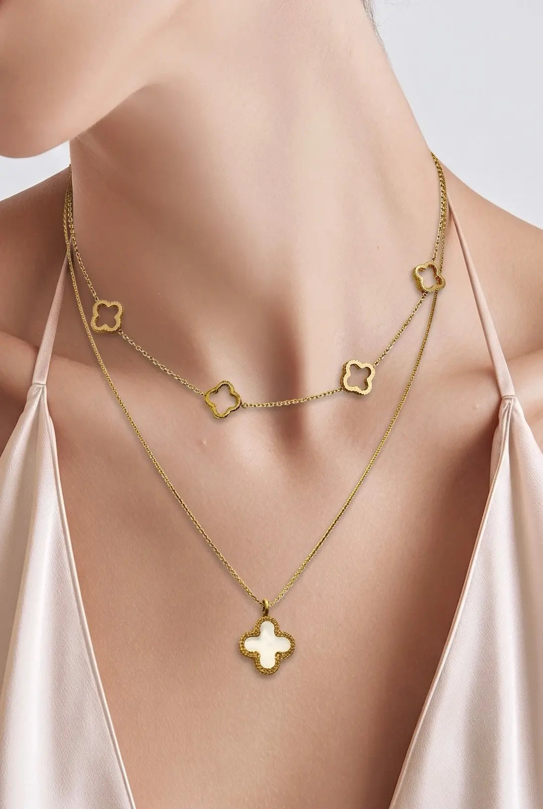 18k gold plated stainless steel double layer clover necklace