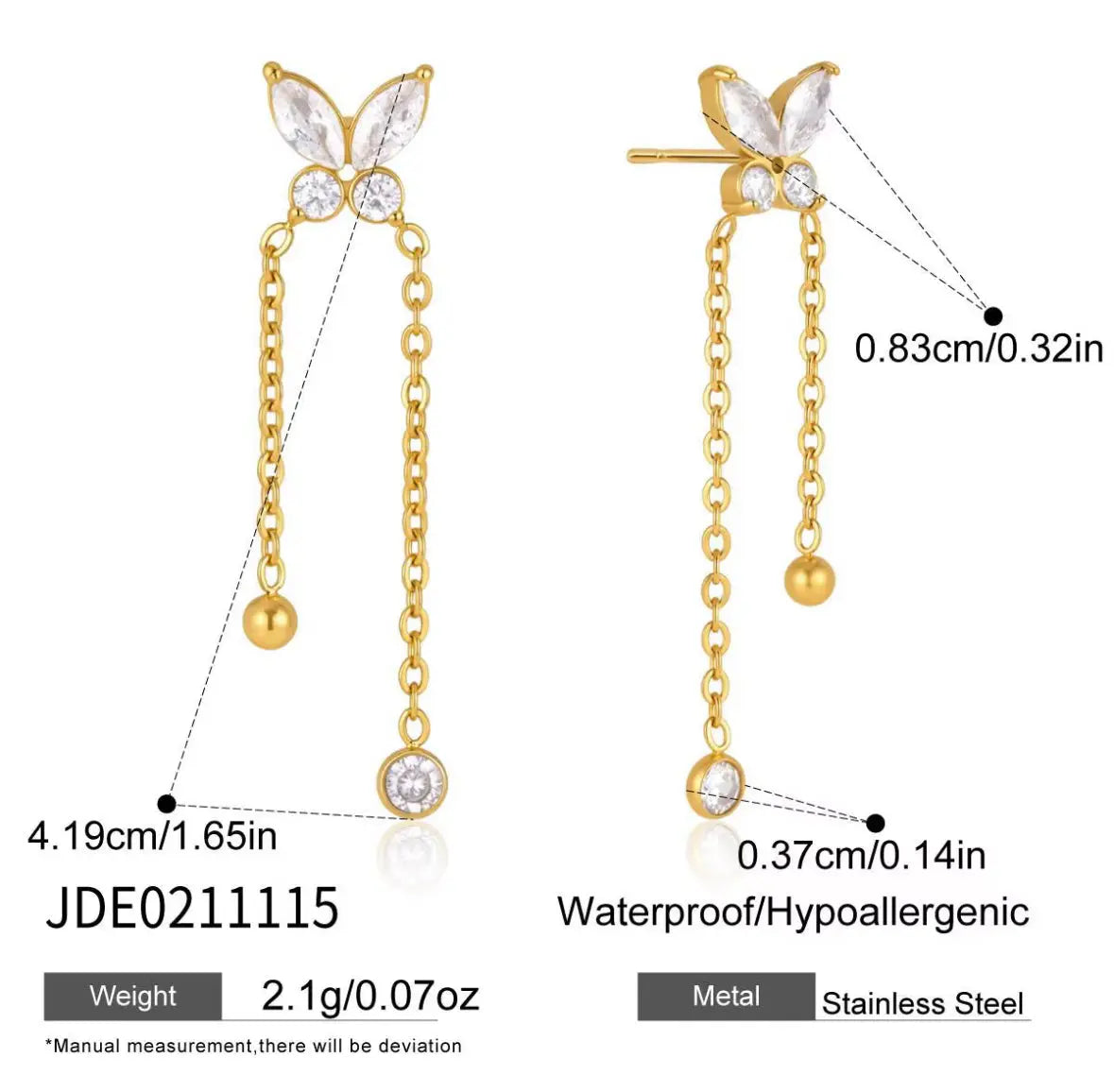 Gold butterfly dangle earrings with clear crystal details