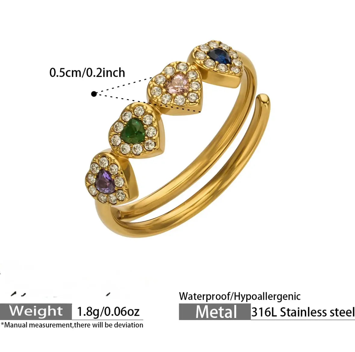 Multicolour Heart Zircon Halo Ring – Adjustable, 18K Gold Plated Yahala Boutique