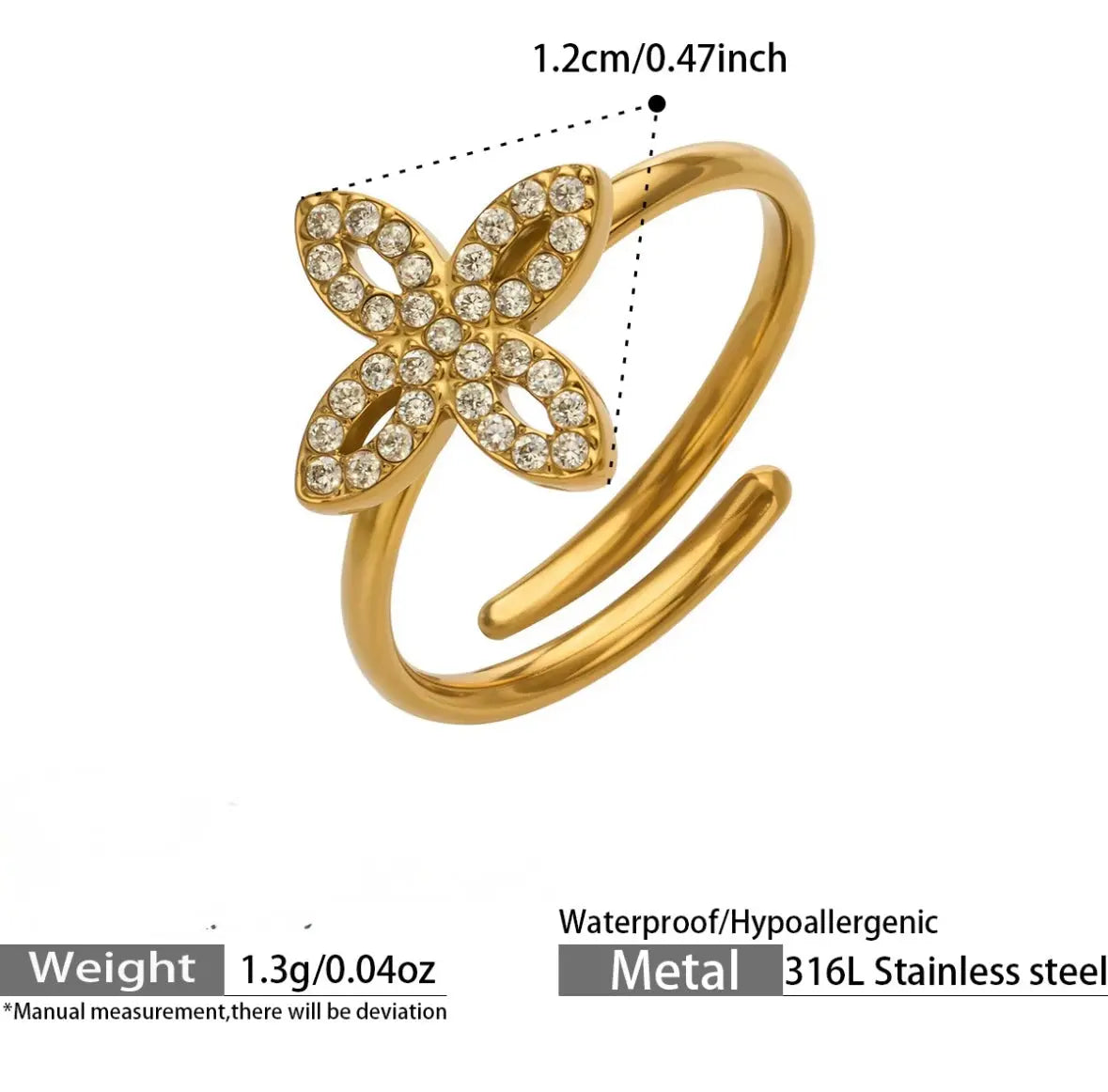 Floral Zircon Ring – Adjustable, 18K Gold Plated