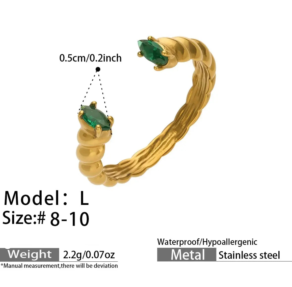 18K gold-plated textured open ring with two green zircon teardrops, size L 8–10