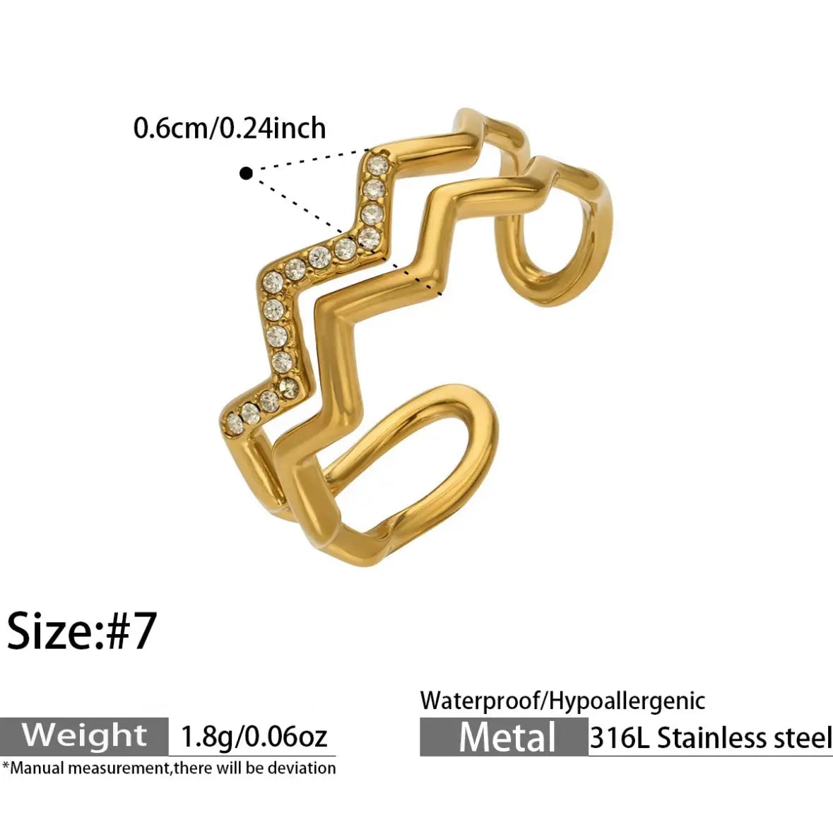 Gold-tone double zigzag ring with one polished band and one band lined with clear sparkling stones