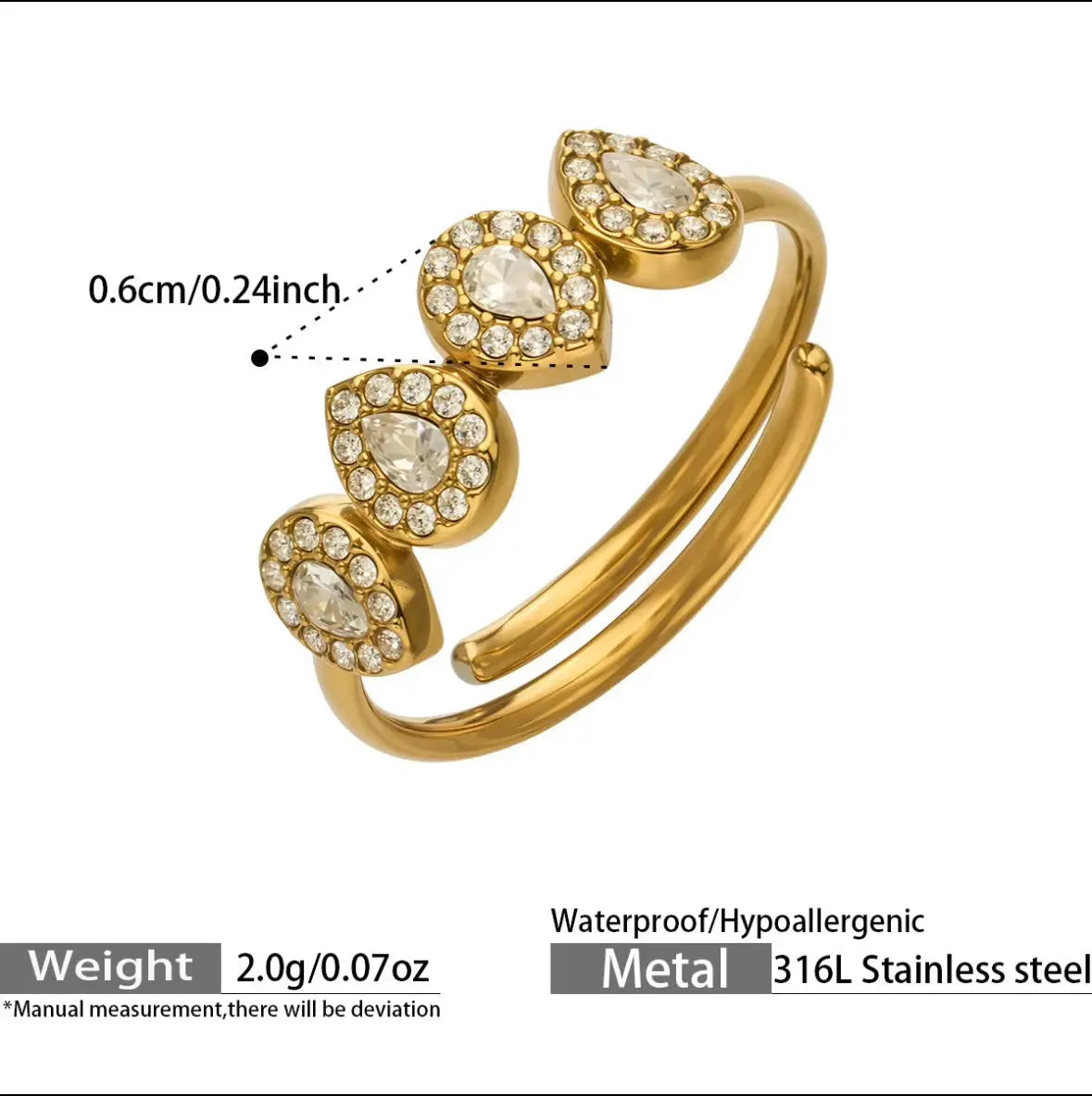 18K gold-plated adjustable double-band ring with four clear zircon teardrop halo settings