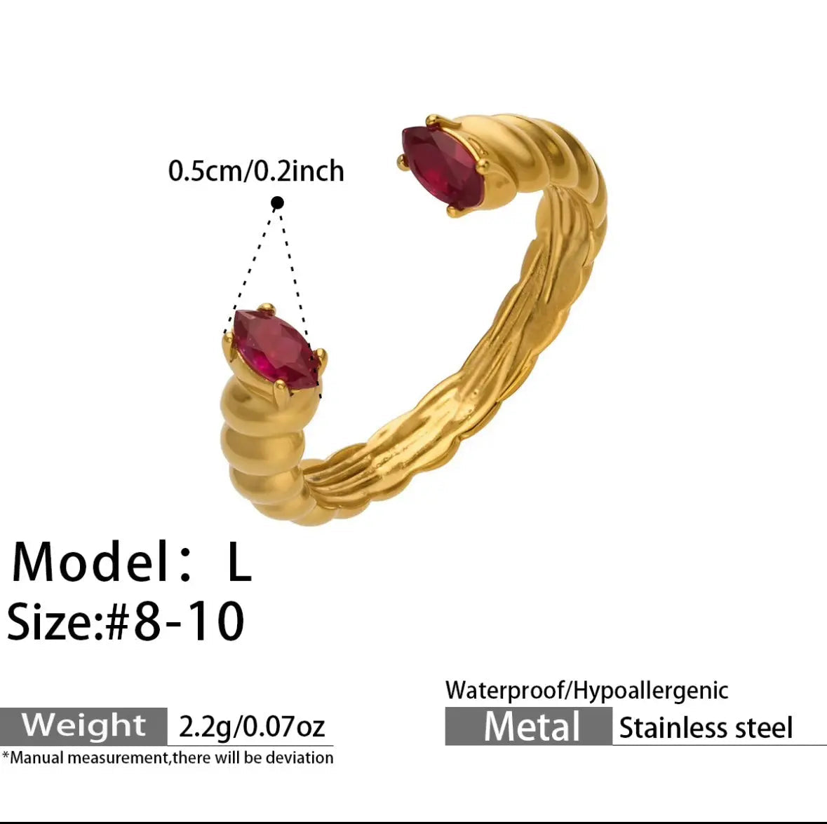 Gold-tone textured open ring with two red teardrop stones, size L 8–10