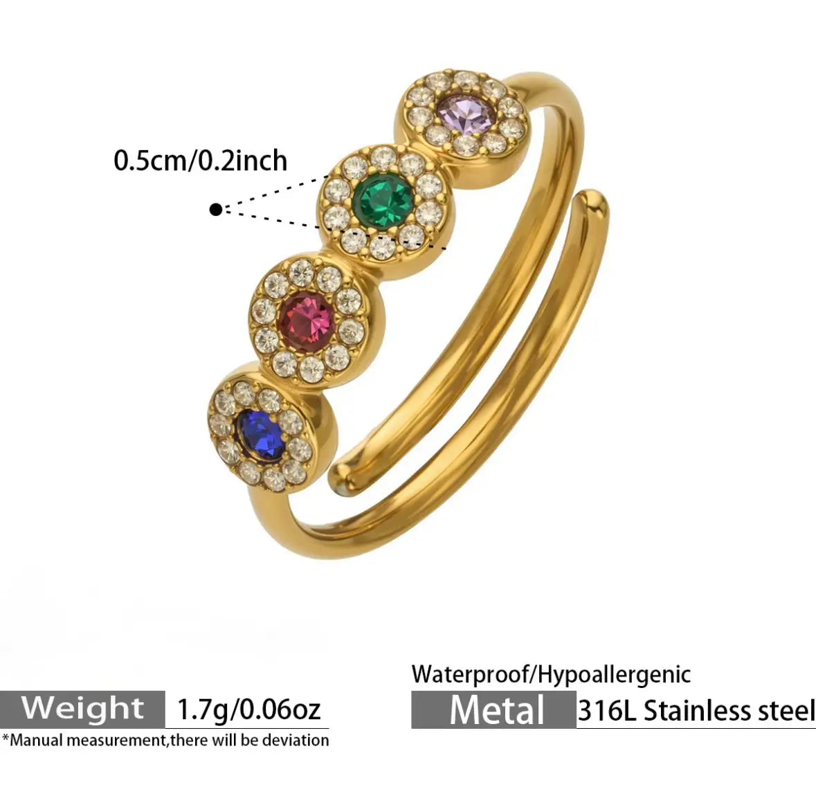 Multicolour Round Halo Ring – Adjustable, 18K Gold Plated Yahala Boutique