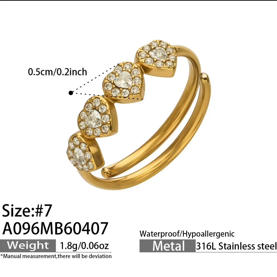 18K gold-plated adjustable double-band ring with four clear zircon heart halo settings