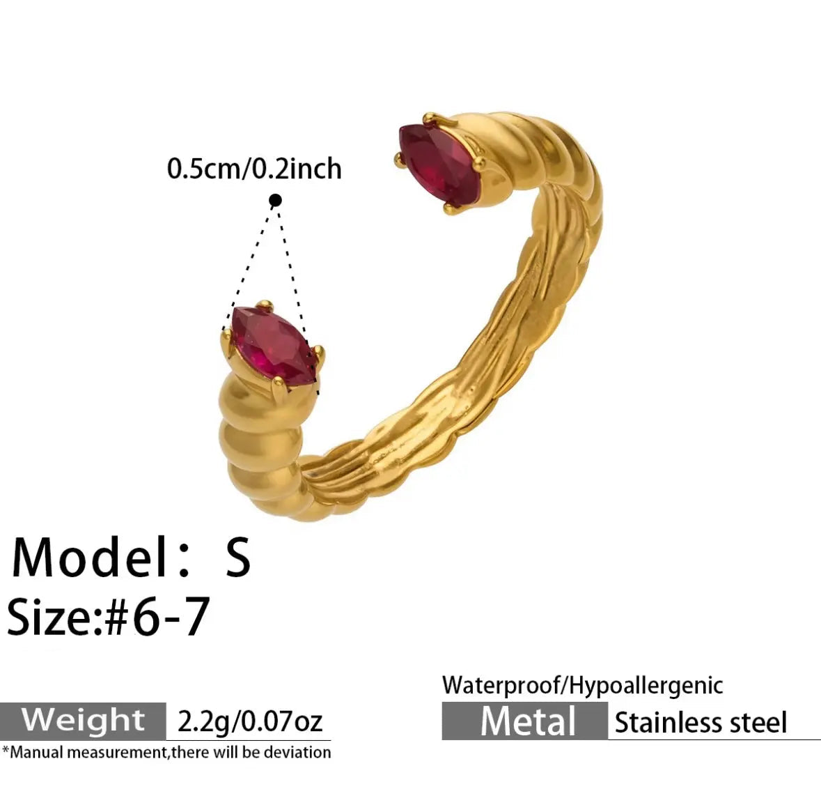 Gold-tone textured open ring with two red teardrop stones, size S 6–7