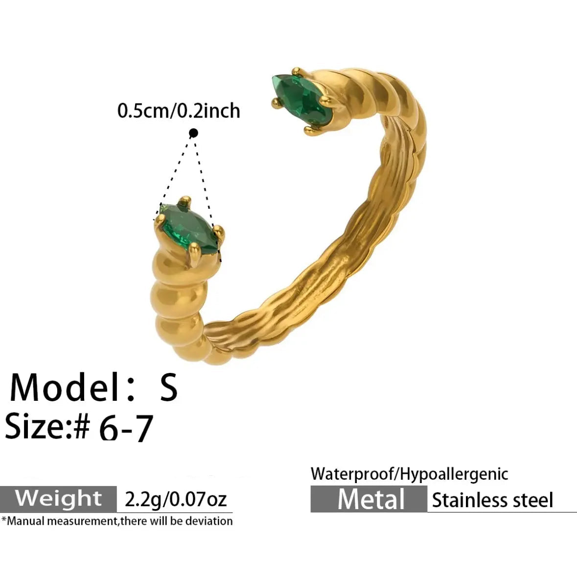 18K gold-plated textured open ring with two green zircon teardrops, size S 6–7