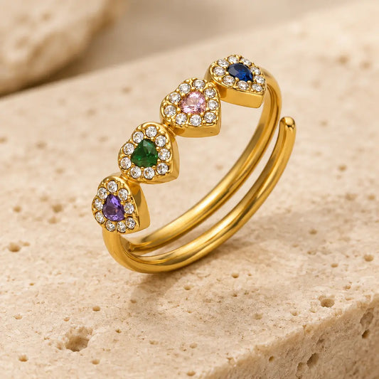 Multicolour Heart Zircon Halo Ring – Adjustable, 18K Gold Plated