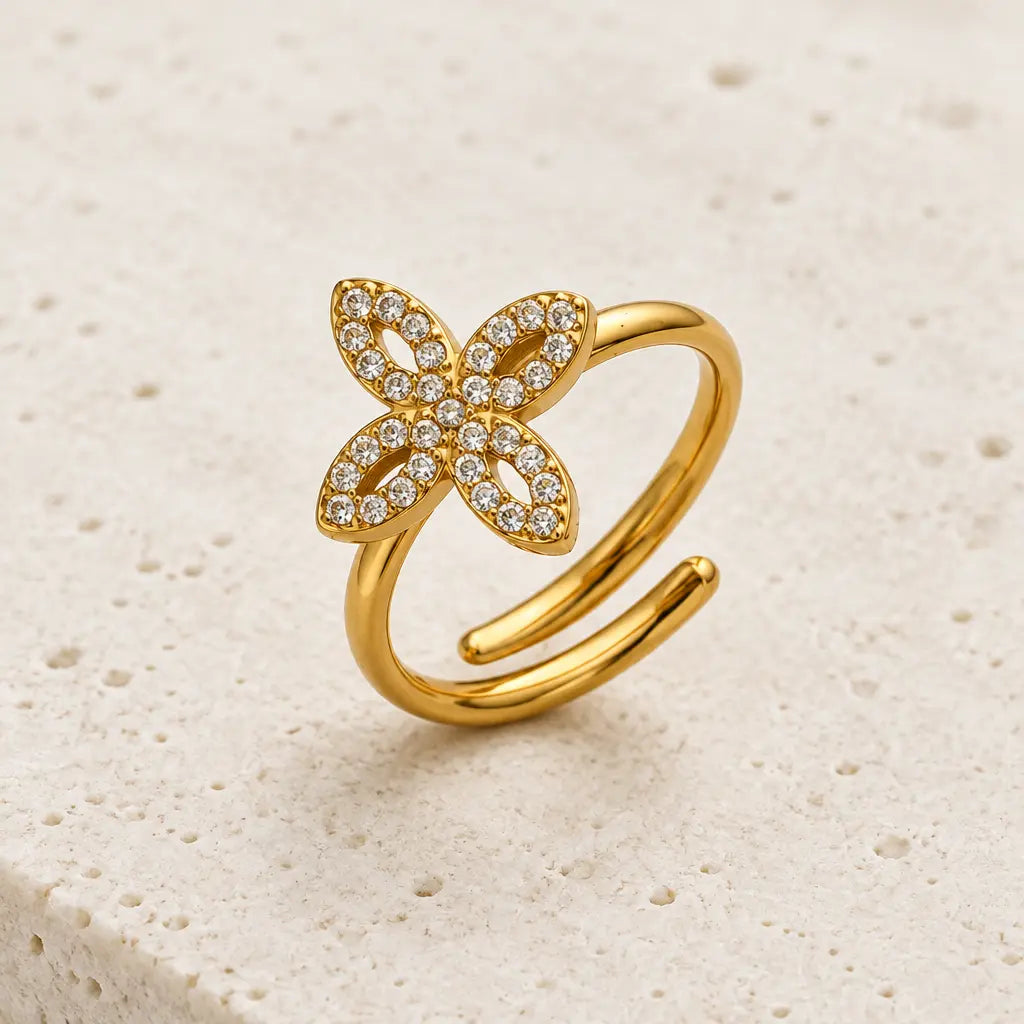 Floral Zircon Ring – Adjustable, 18K Gold Plated Yahala Boutique