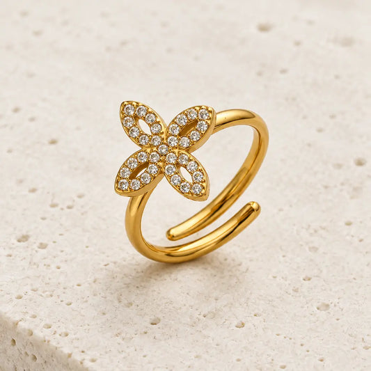 Floral Zircon Ring – Adjustable, 18K Gold Plated Yahala Boutique