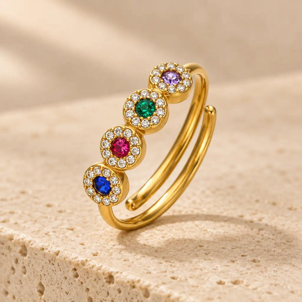 Multicolour Round Halo Ring – Adjustable, 18K Gold Plated Yahala Boutique