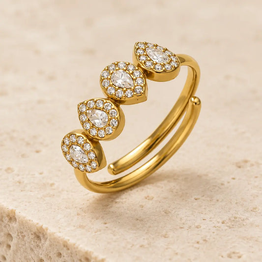 Clear Zircon Teardrop Halo Ring – Adjustable, 18K Gold Plated Yahala Boutique