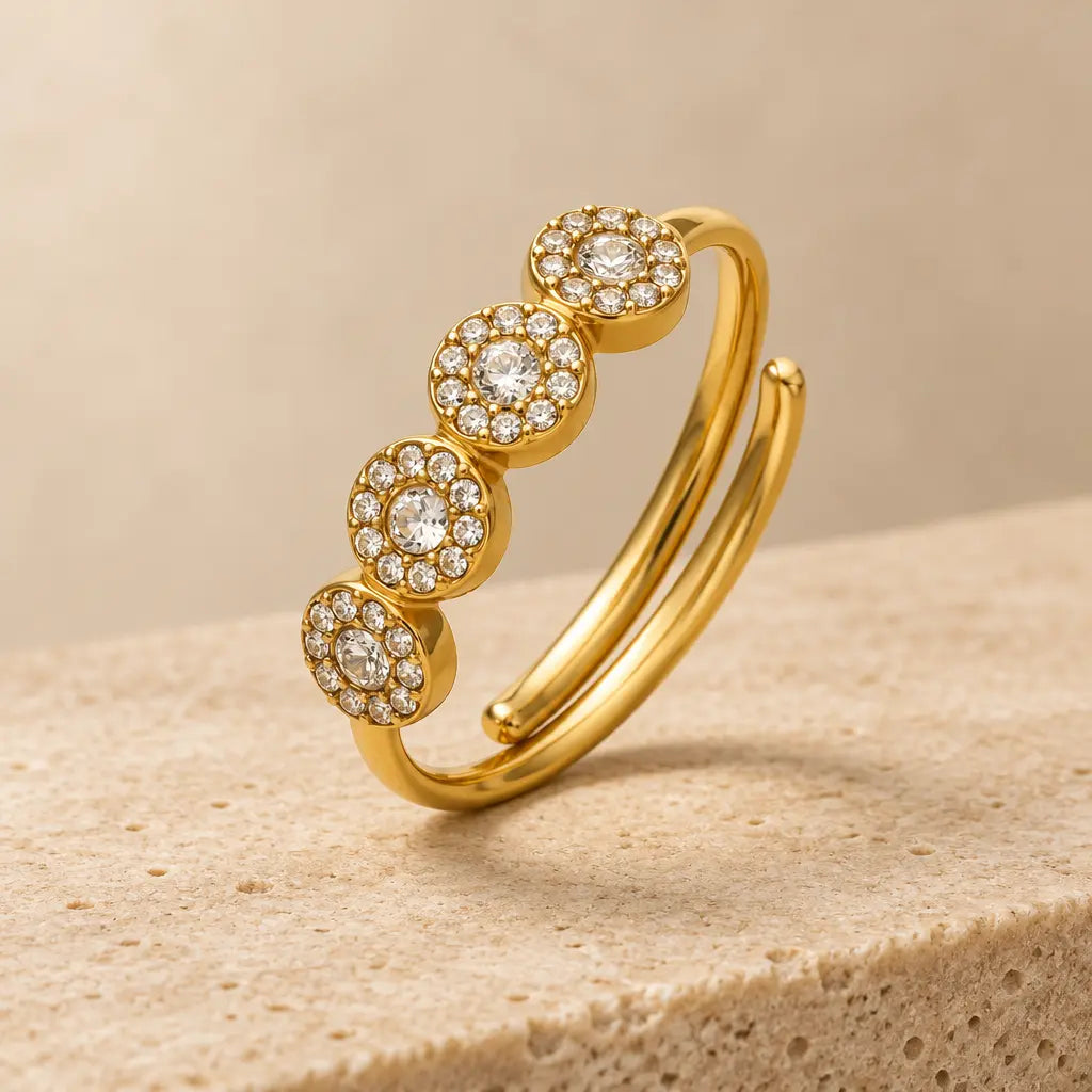 Clear Zircon Round Halo Ring – Adjustable, 18K Gold Plated Yahala Boutique