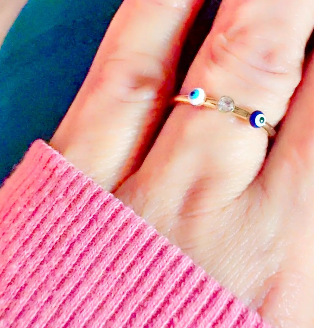 Double Evil Eye & Clear Zircon Ring – 18K Gold Plated, Size 8 Yahala Boutique