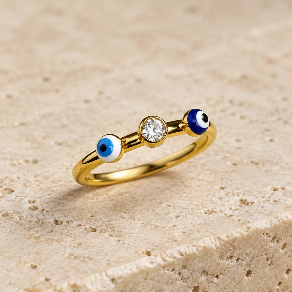 Double Evil Eye & Clear Zircon Ring – 18K Gold Plated, Size 8 Yahala Boutique