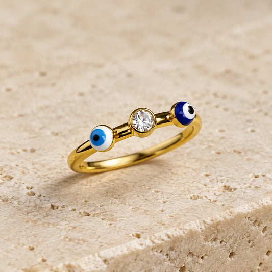 Double Evil Eye & Clear Zircon Ring – 18K Gold Plated, Size 8 Yahala Boutique