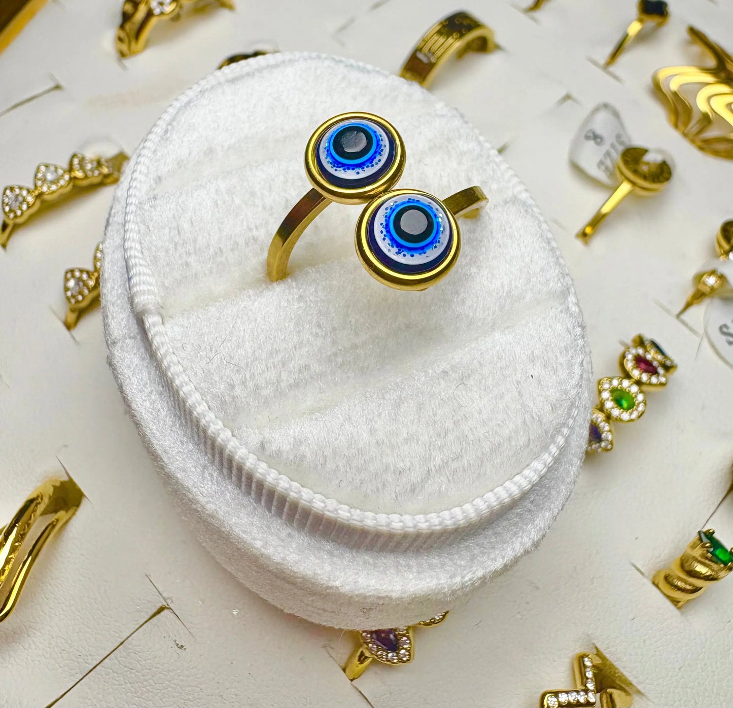Double Evil Eye Open Ring – 18K Gold Plated, Size 8 Yahala Boutique