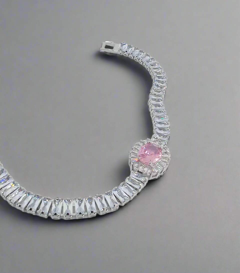 Pink Gemstone ~Silver Tennis Bracelet