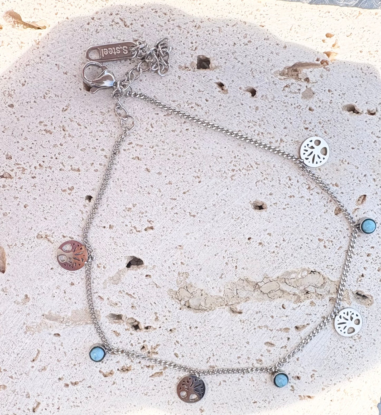 Tree of Life & Turquoise Charm Anklet - 18k gold Plated, Tarnish Free