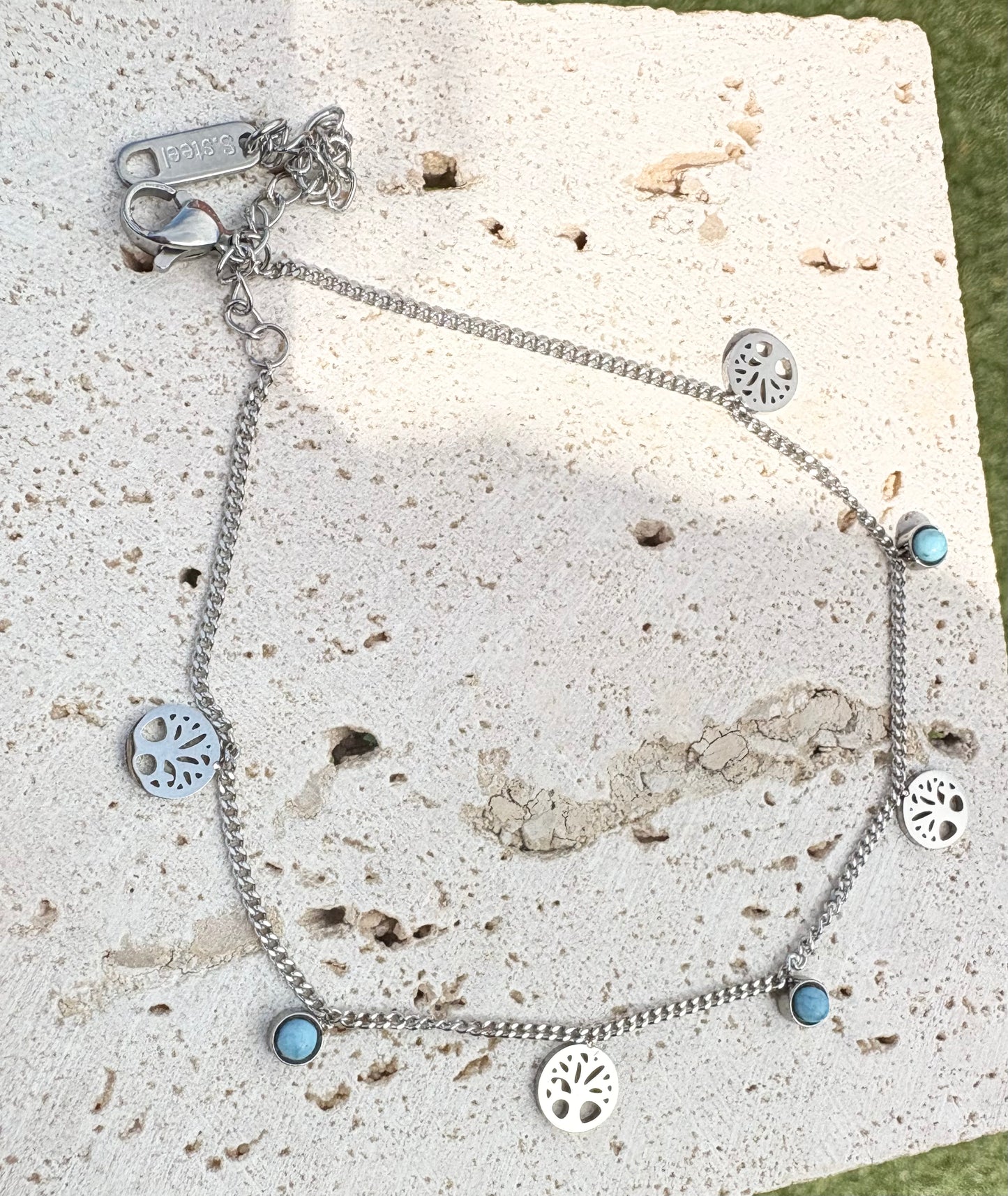 Tree of Life & Turquoise Charm Anklet - 18k gold Plated, Tarnish Free