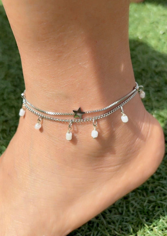 Silver Double Layered Star and Pearl Anklet-Stainless Steel, Tarnish Free