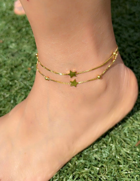 Star Charm Double Chain Anklet - 18k Gold Plated, Tarnish Free